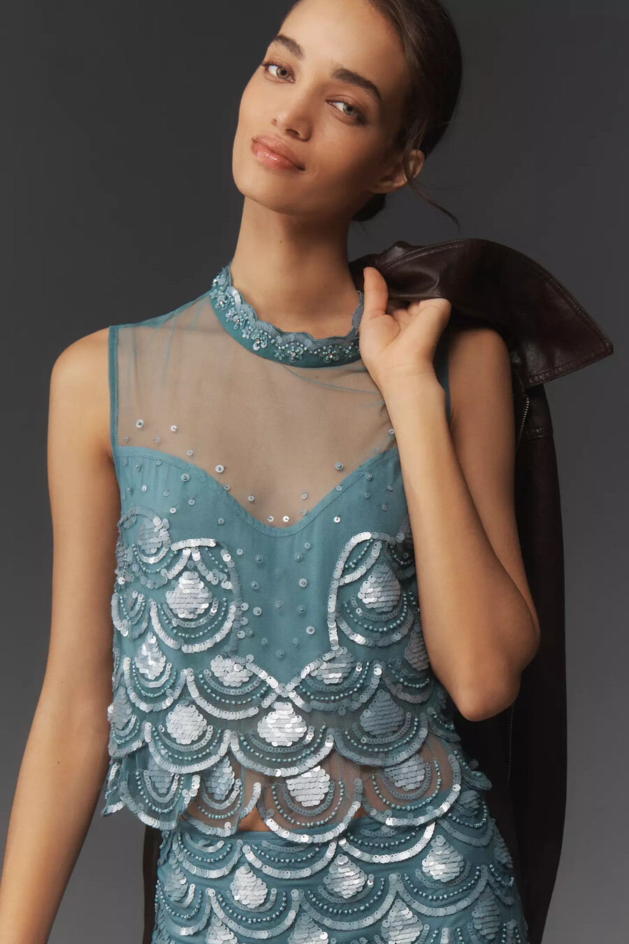 canotta corta con paillettes e perline maeve