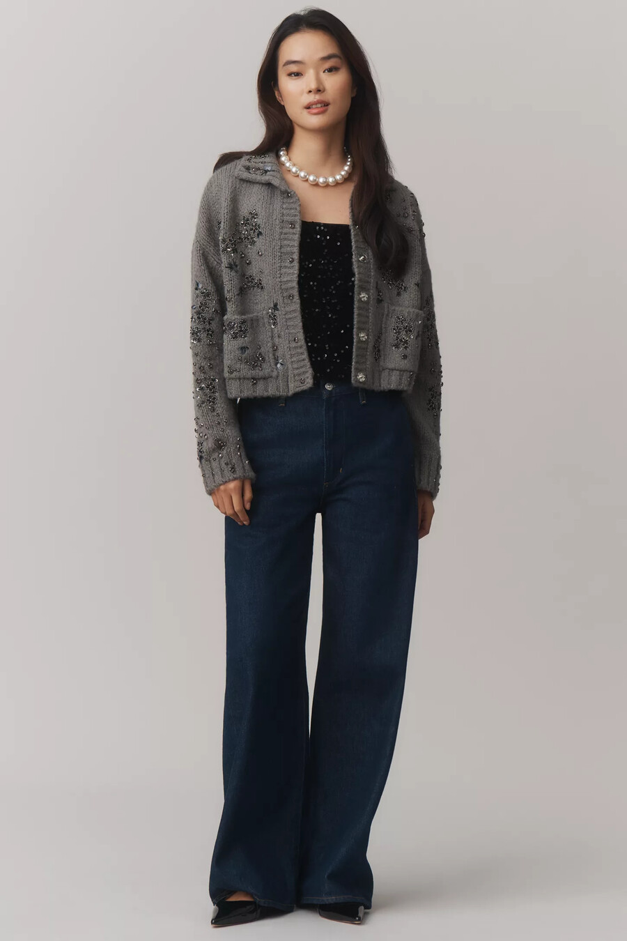 cardigan con colletto decorato con fiori pilcro