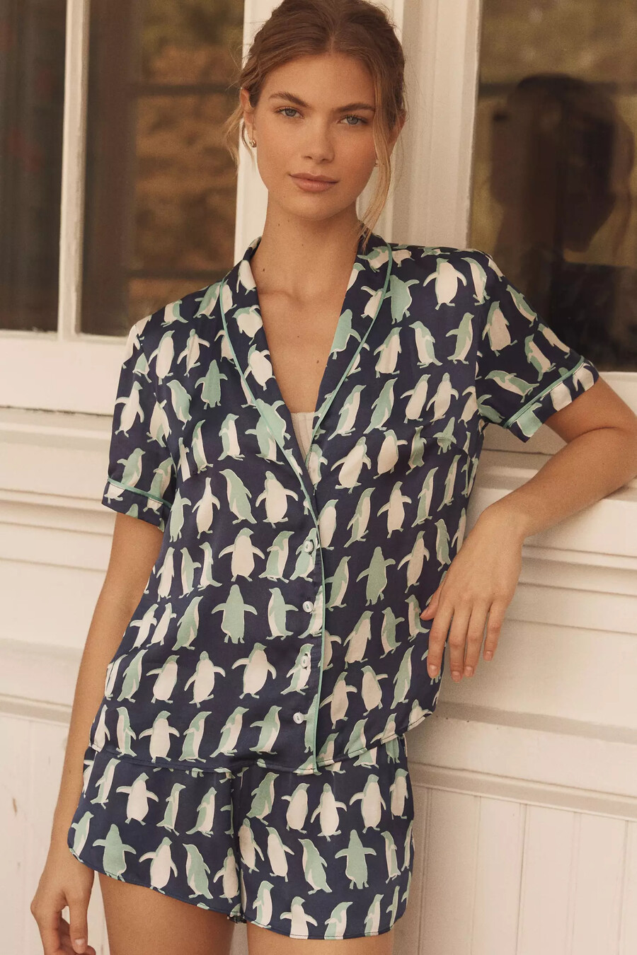 di anthropologie top del pigiama con motivo in seta