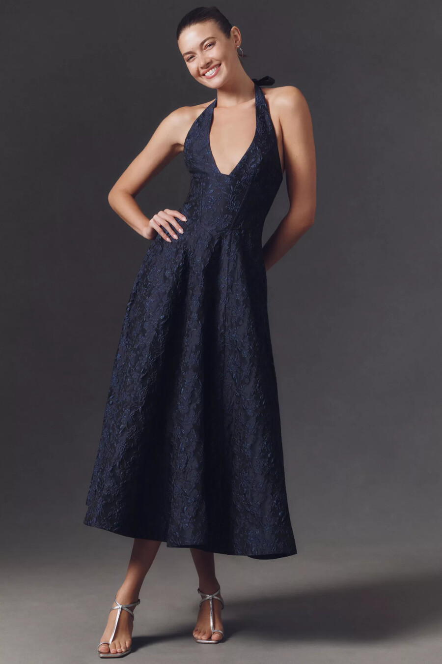 abito lungo in jacquard con corsetto e svasatura mare mare