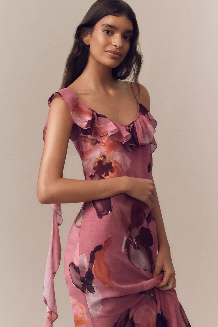 abito lungo sottoveste con volant in chiffon e scollo a barchetta mare mare