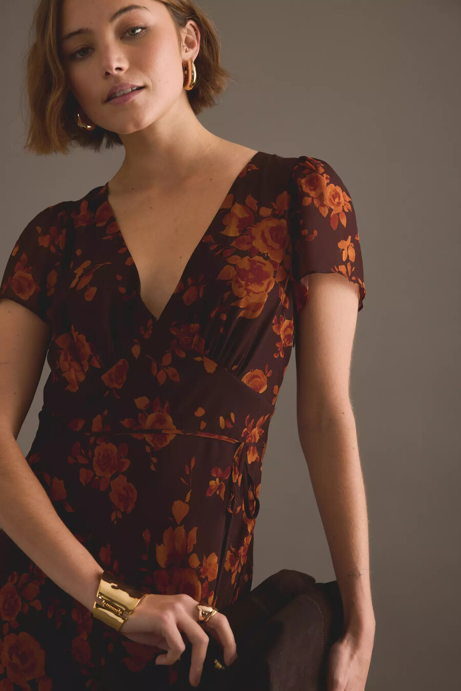 kitri talia abito lungo con stampa rose autunnali