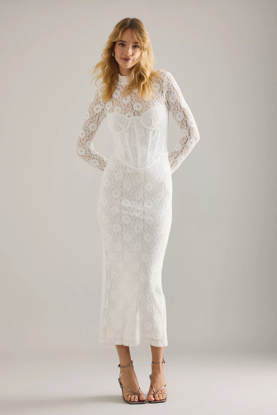 abito midi a maniche lunghe con corsetto in pizzo bardot carmen