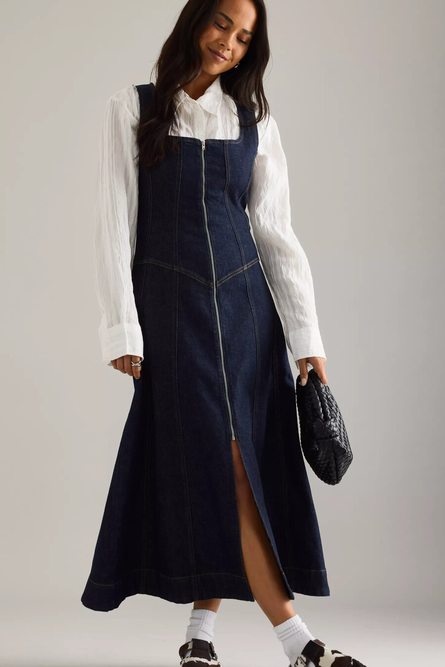 abito midi in denim con cerniera frontale pilcro