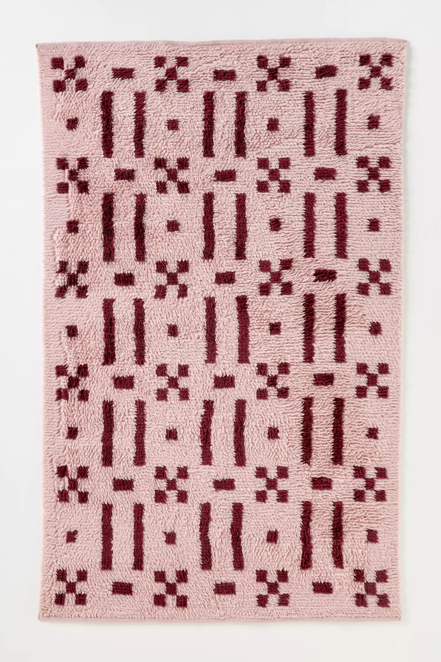 tappeto geometrico a pelo lungo in misto lana e cotone tessuto a mano a griglia rosa