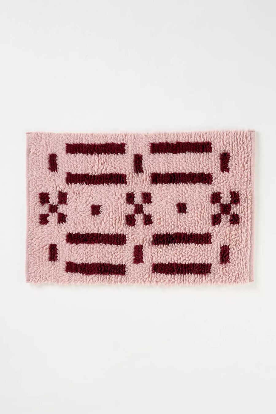 tappeto geometrico a pelo lungo in misto lana e cotone tessuto a mano a griglia rosa