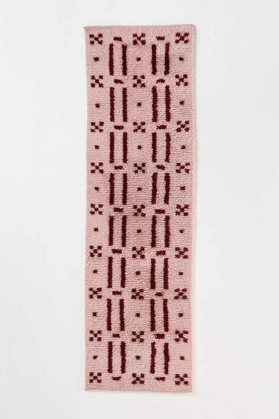 tappeto geometrico a pelo lungo in misto lana e cotone tessuto a mano a griglia rosa