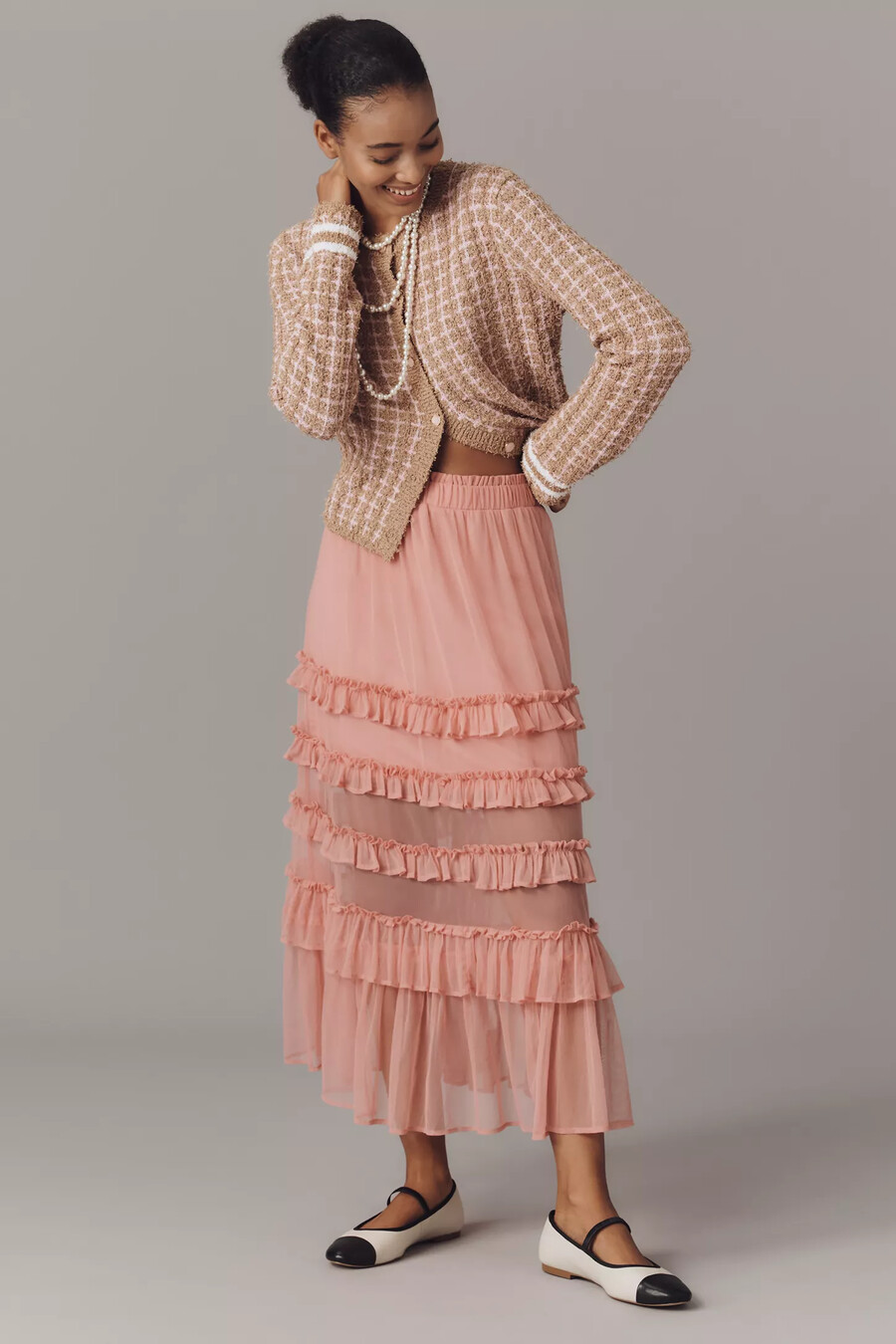 gonna midi a balze in tulle arricciato maeve