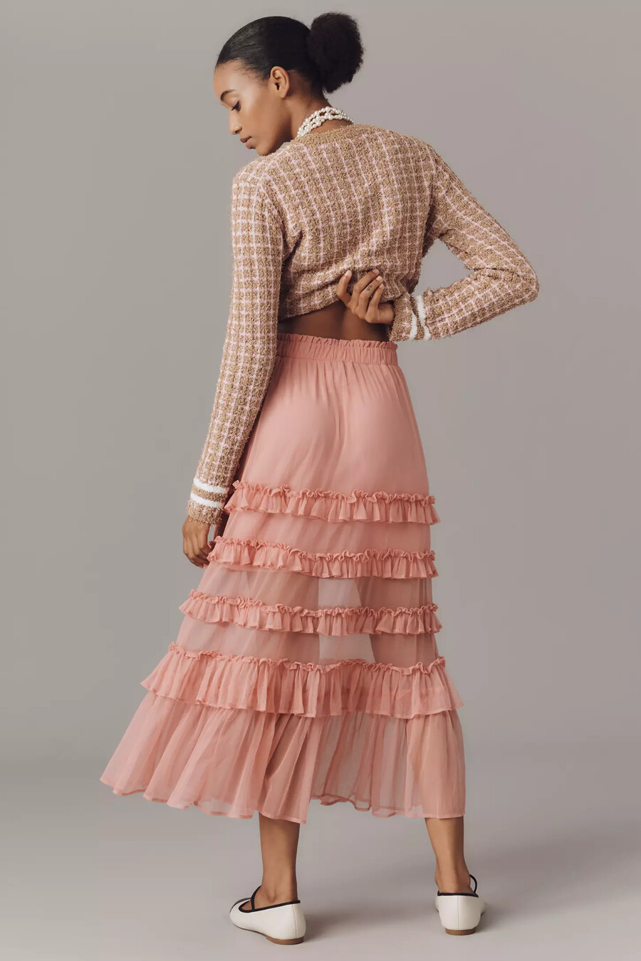 gonna midi a balze in tulle arricciato maeve