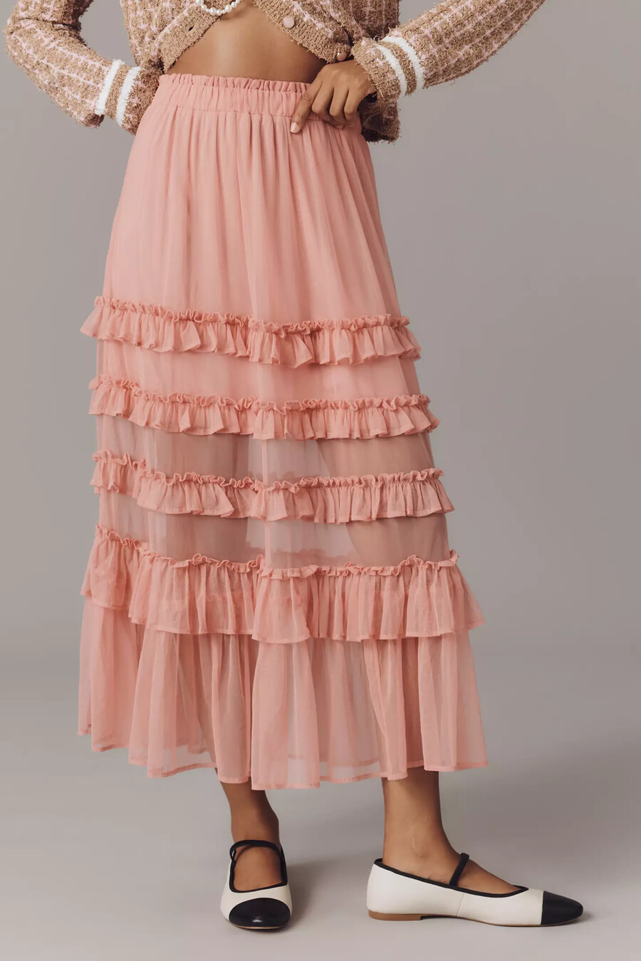 gonna midi a balze in tulle arricciato maeve