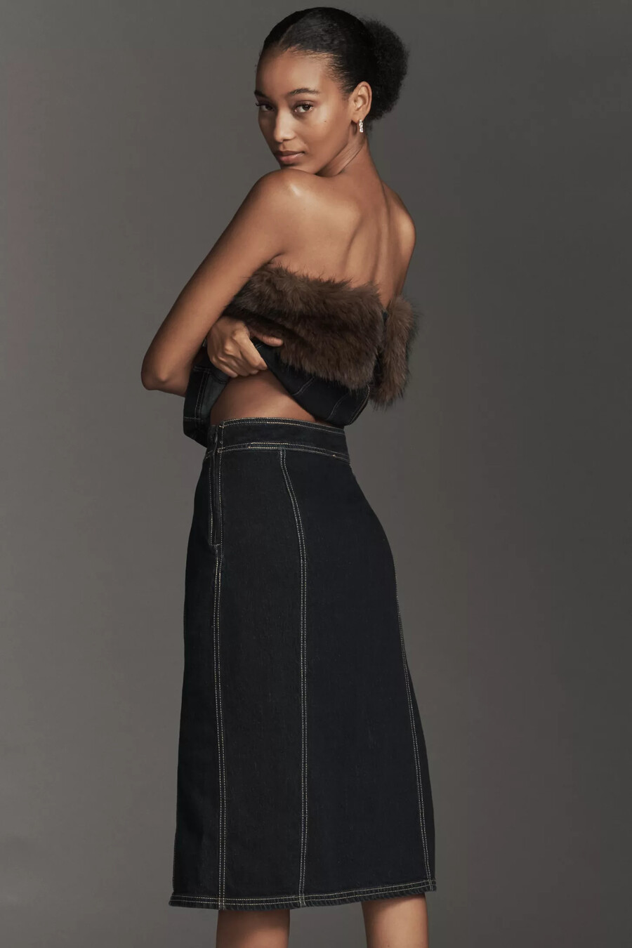 gonna midi in denim con spacchi laterali e cuciture pilcro