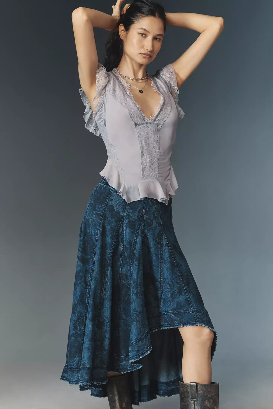 gonna midi con sottoveste in denim stampato pilcro