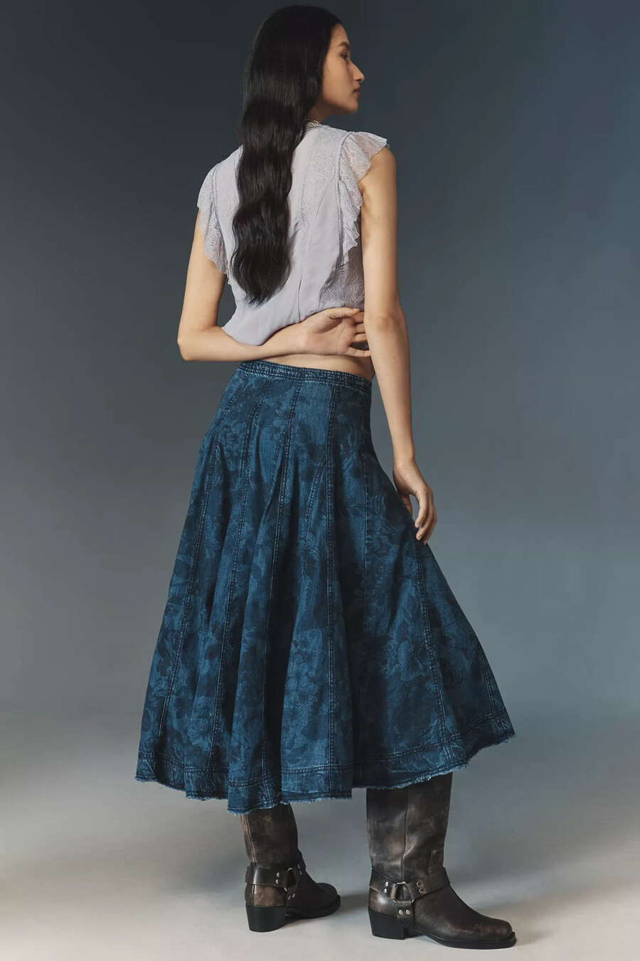 gonna midi con sottoveste in denim stampato pilcro