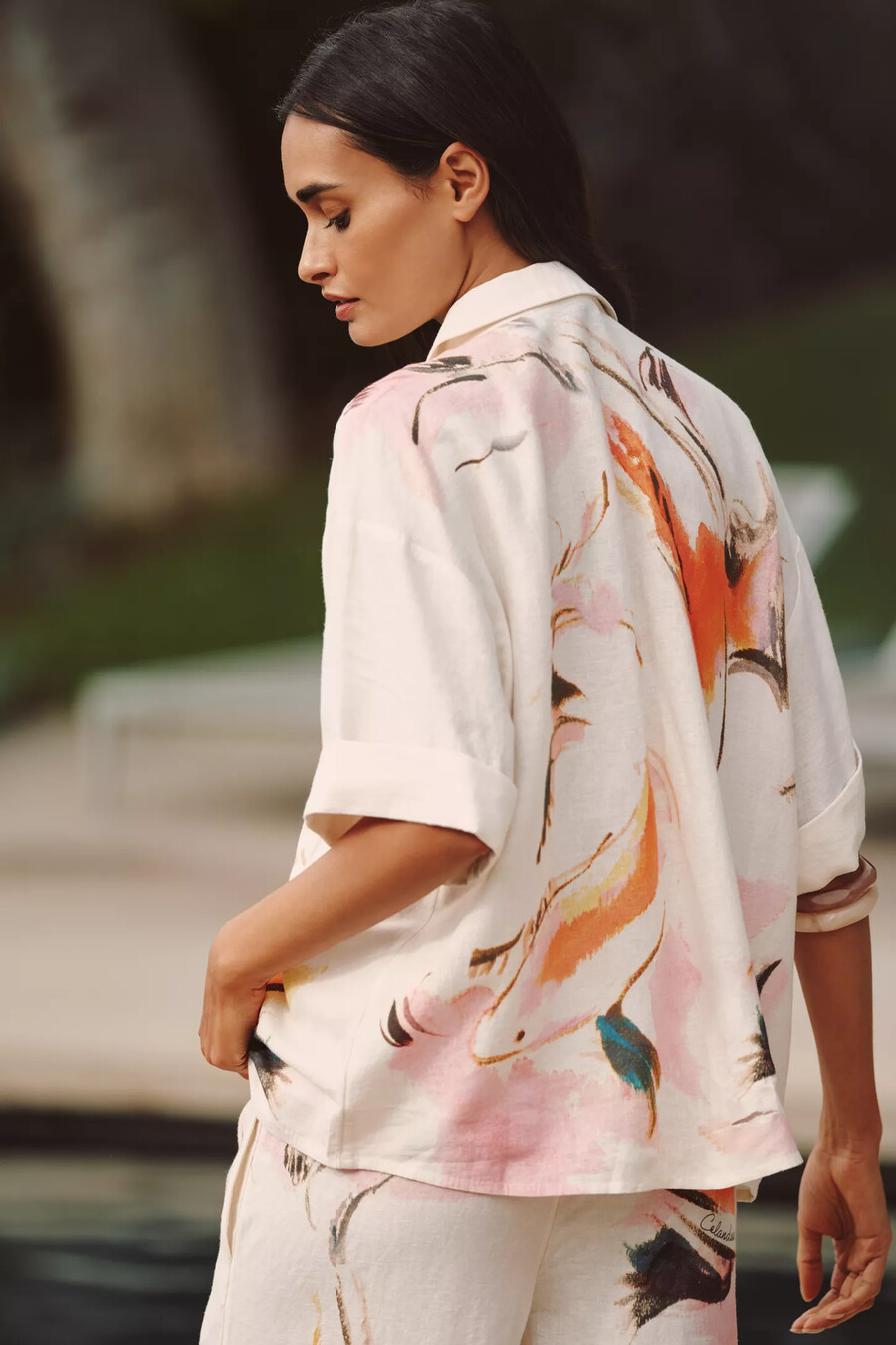 camicia con bottoni in misto lino celandine