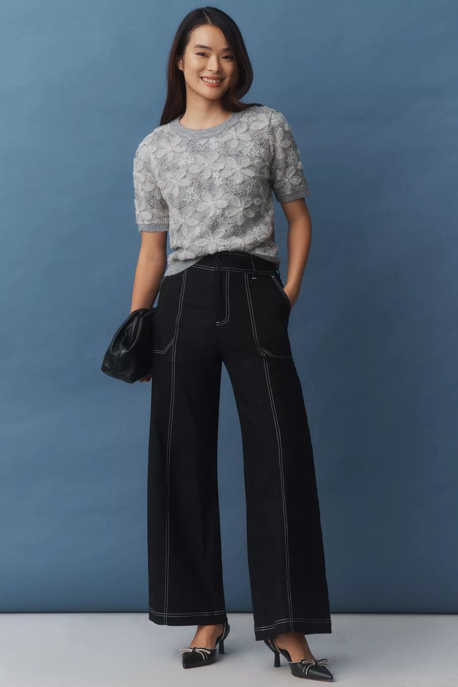 pantaloni a gamba larga con impunture in misto lino maeve