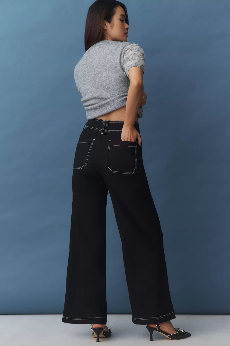 pantaloni a gamba larga con impunture in misto lino maeve