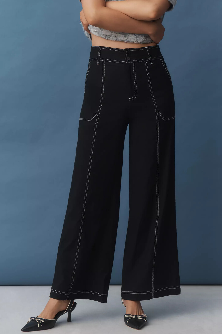 pantaloni a gamba larga con impunture in misto lino maeve