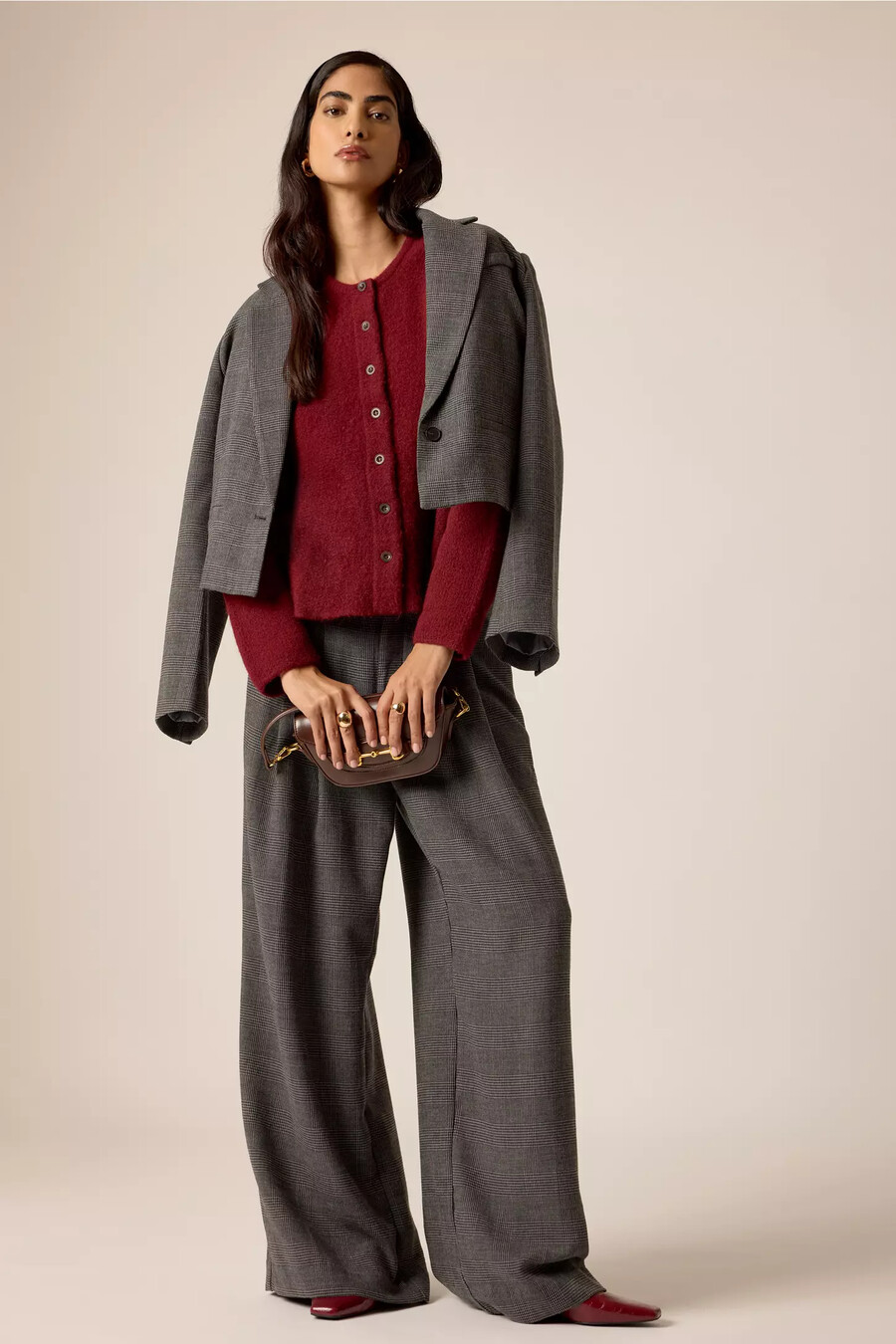 pantaloni a gamba larga con pieghe pied de poule avery di maeve