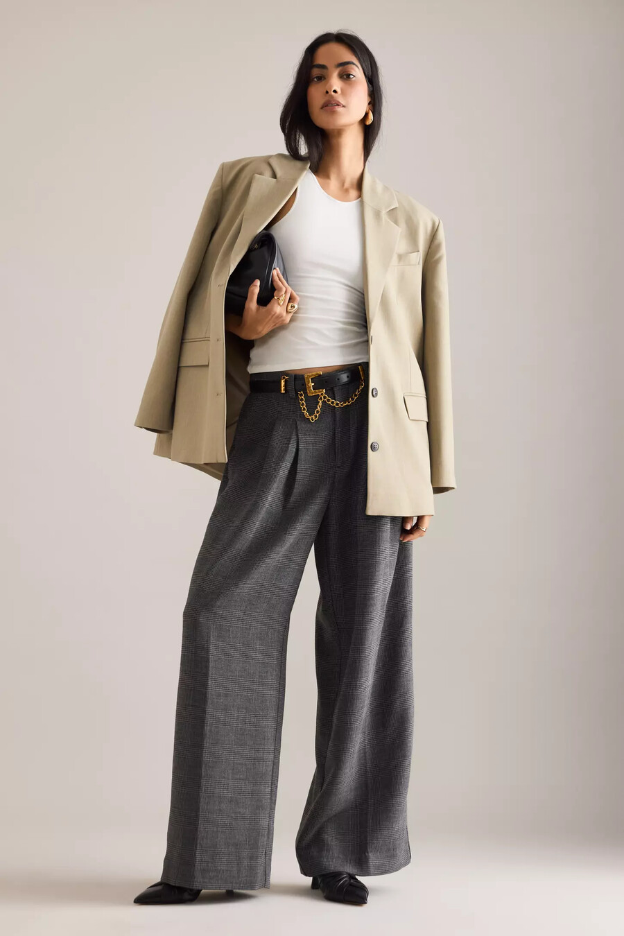 pantaloni a gamba larga con pieghe pied de poule avery di maeve
