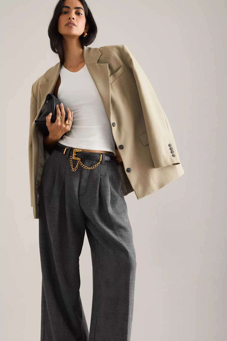 pantaloni a gamba larga con pieghe pied de poule avery di maeve